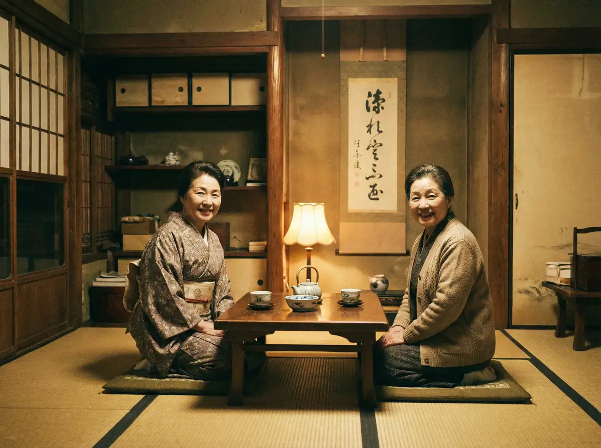 两位优雅的 JM天堂 在日式茶室中品茶交谈